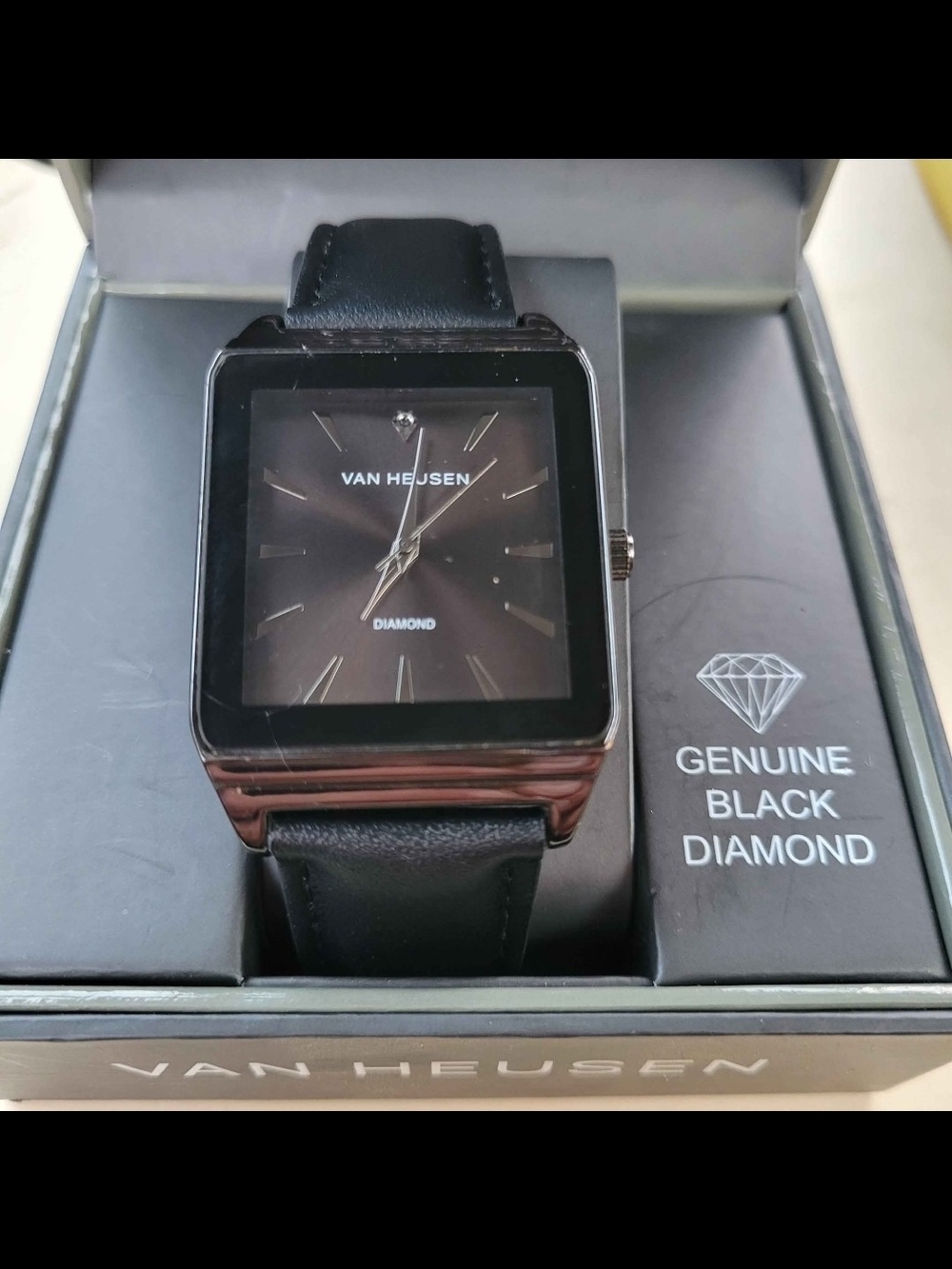 Van Heusen Genuine Black Diamond  Watch with Black Leather Strap